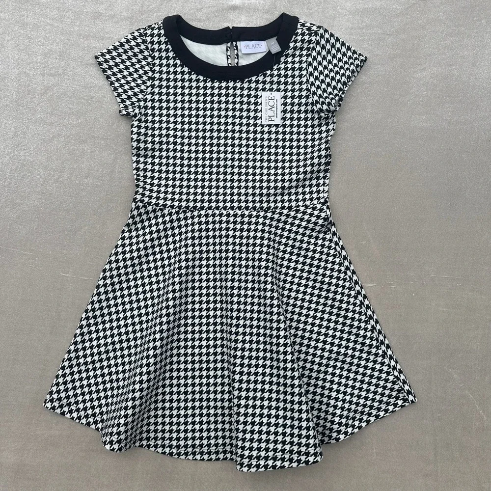 NWT The Children's Place Houndstooth Fit & Flare Dress Girls Size 10 Black White
